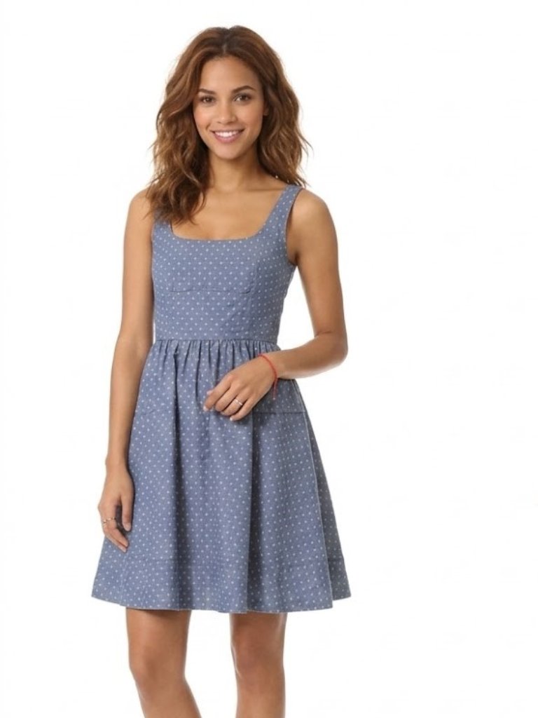 Marc By Marc Jacobs Chambray Polka Dot Dress Neon Zipper Blue Fit Flare Size 6